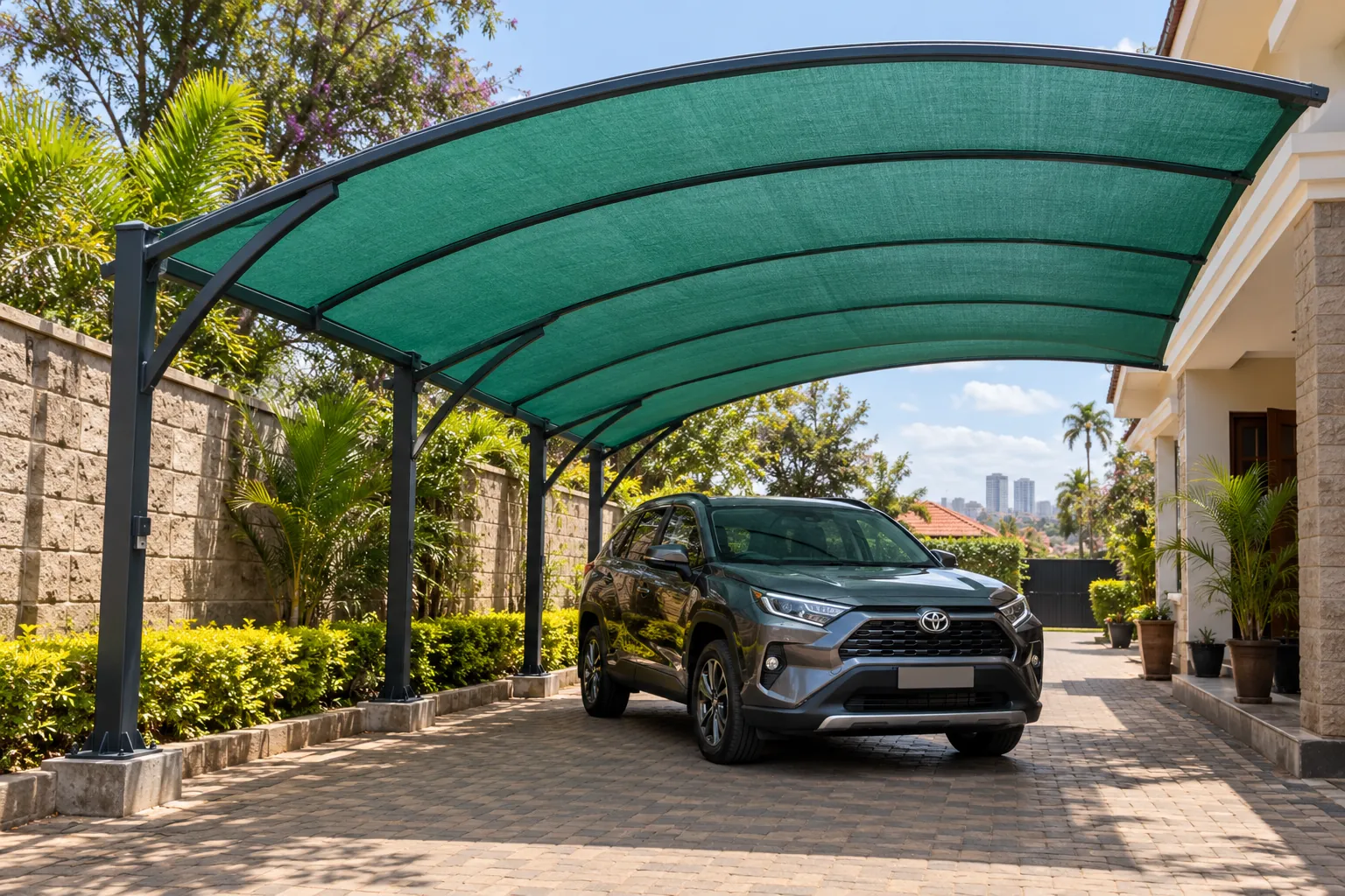 Illustration of a curved car shade with an arched roof
